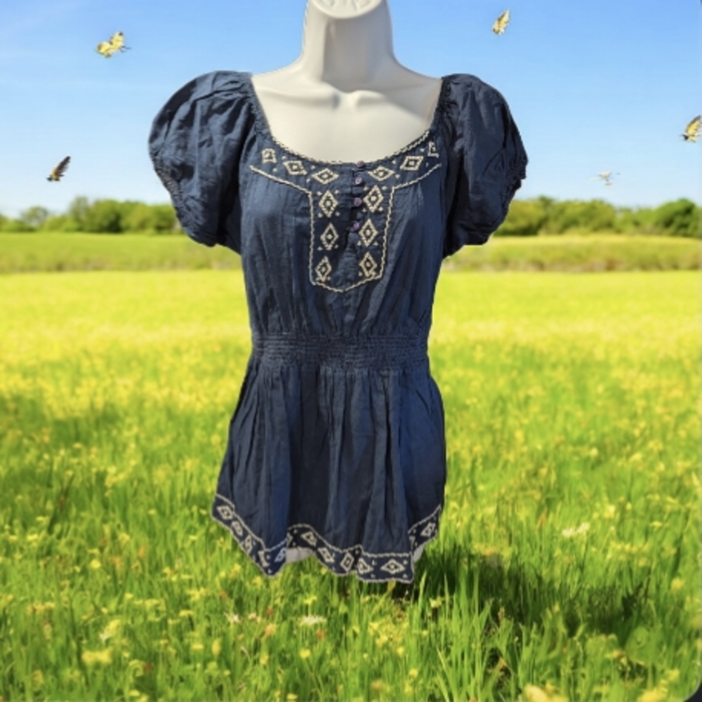 Elegant Navy Embroidered Women's Blouse